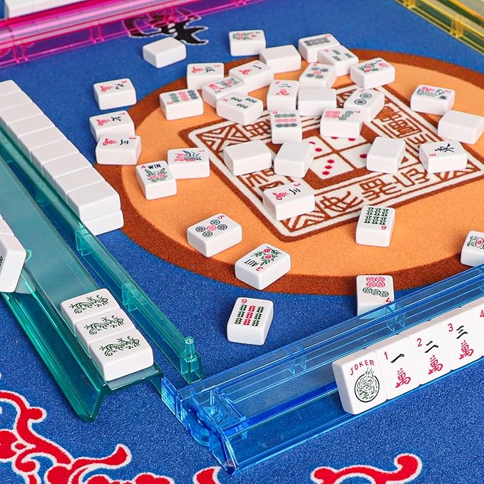 American Mahjong Game Set, 166 White Tiles, 4 All-in-One Color Rack/Pushers, Complete Mahjong Tile Set Red Printed Carrying Bag