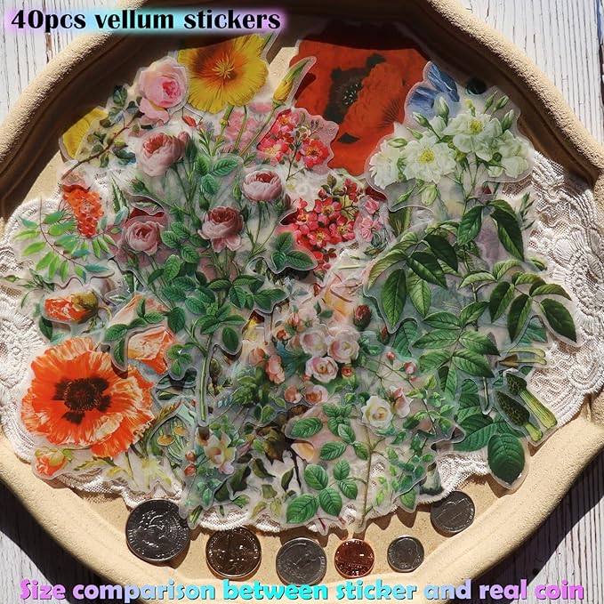Vintage Vellum Stickers Floral Plants Elements Scrapbooking Supplies Flowers Botanic Natural Translucent Paper Self-Adhesive Junk-Journal Items (Floral)