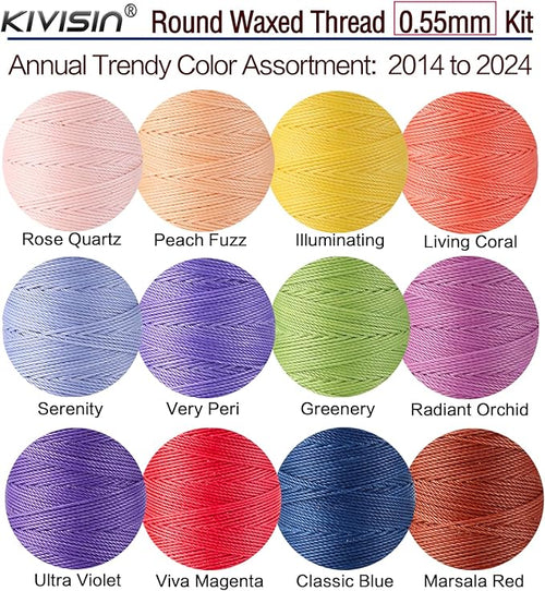 10-Year Popular Assorted Colors Round Waxed Thread -0.55mm 70 Yards 12 Spools Stiff Polyester Wax Cord for Beading, Leather Sewing, Bookbinding, Bracelets Braiding, Micro Macrame Craft Making