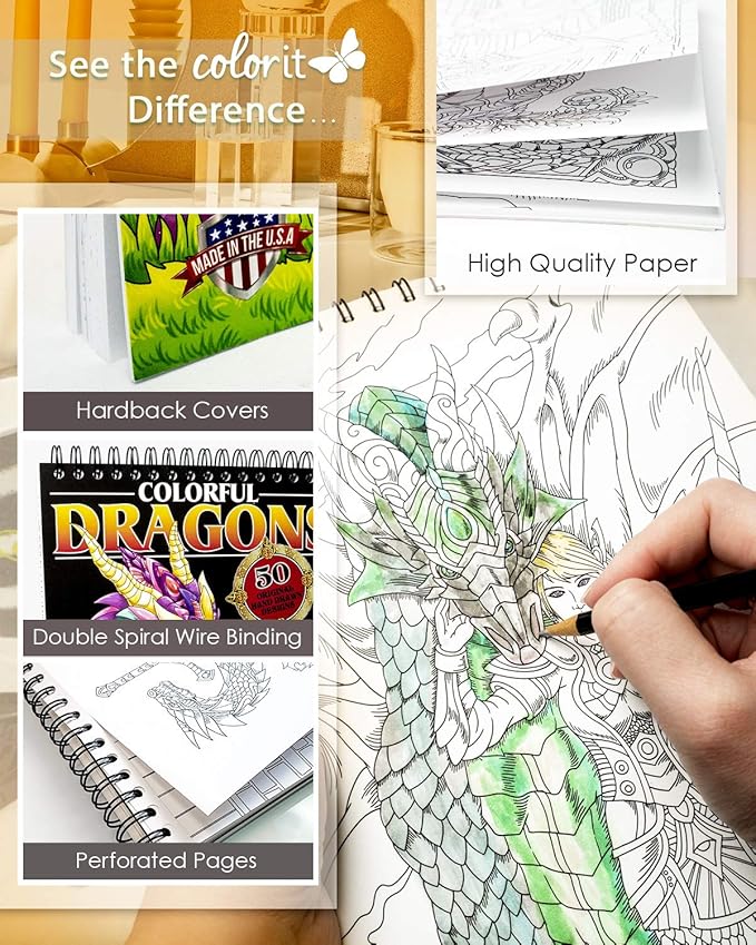 ColorIt Colorful Dragons Adult Coloring Book, Volume I - 50 Single-Sided Designs, Thick Smooth Paper, Lay Flat Hardback Covers, Spiral Bound, Dragon Coloring Pages