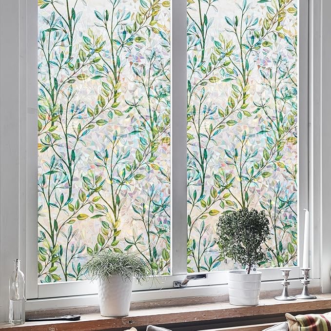 NINETREX Stained Glass Window Film 3D Decorative Cling, Sun Blocking Static Cling Removable Film for Glass Door, Home Decor Window Cover Non-Adhesive 35.4 x 78.7 inches, Leaf