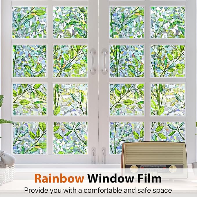 Niviy Window Privacy Film Stained Glass Window Film with Installation Tools, Rainbow Windows Decorative Decals Non-Adhesive Reusable for Home, Bathroom, Glass Door (Leaf Rainbow, 35.4 x 78.7 in)