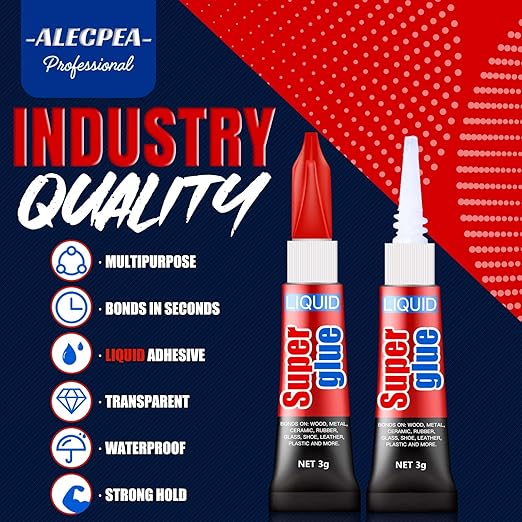 3 Gram (Pack of 6) Single Use Super Glue Liquid, Super Fast, Thin & Strong Adhesive Superglue, Cyanoacrylate Glue for Hard Plastics, DIY Craft, Ceramics, Leather, Metal Etc
