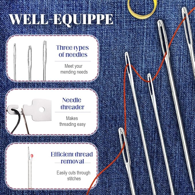 Big Eye Steel Sewing Needles Kit, 37PCS Sewing Tool Set, Portable Needle and Thread Kit for Leather Sewing DIY Craft Set, Large-Eye Stitching Needles Sewing Repair Kit for Beginners, Older