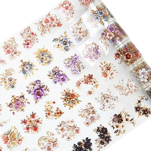 6PCS Baroque Flower PET Tape Set, Vintage Floral Pre-Cut Tapes for Journaling, Scrapbooking, and Junk Journal Ephemera, with Decorative Clip