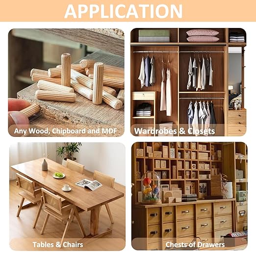 1/4-Inch Wooden Dowel Pins - 200 Pcs 1/4 x 1-1/4 inch Fluted Wood Dowels Rods,Hardwood Crafts Dowel Pegs ,Beechwood