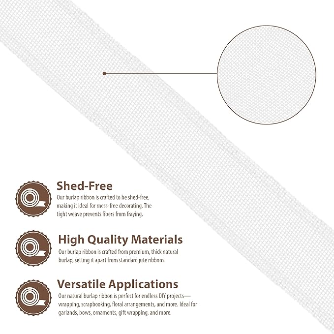 Mandala Crafts White Burlap Wired Ribbon 2 Inches Wide Jute Ribbons for Crafts - 10 Yds Roll Rustic Burlap Wrap Trim Ribbons for Wreaths Bows Party Decoration