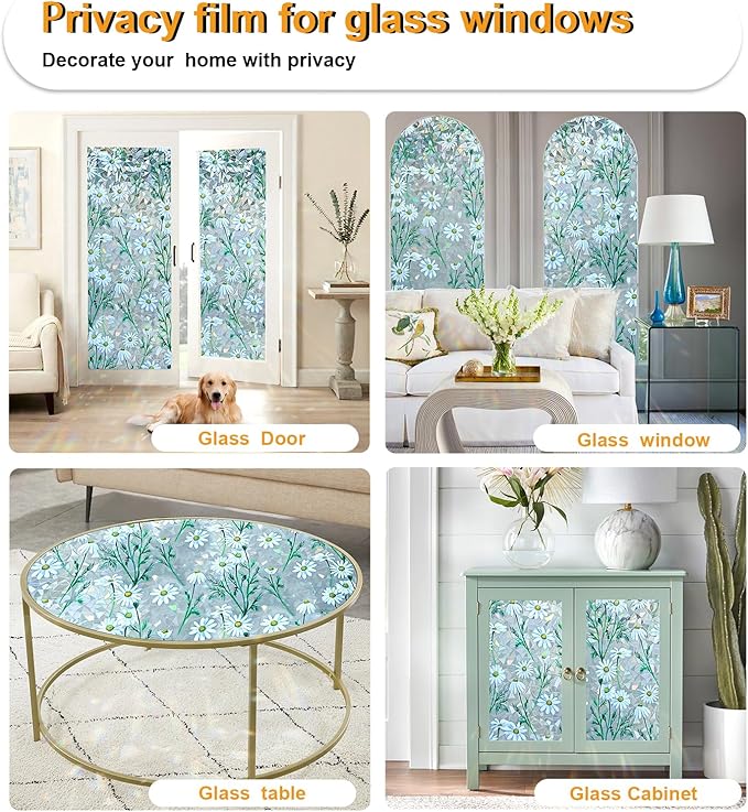 Window Privacy Film Stain Glass Window Film Rainbow Window Film Window clings Non-Adhesive Reusable Decorative for Room (Daisy Rainbow, 45.2 x 78.7 in)