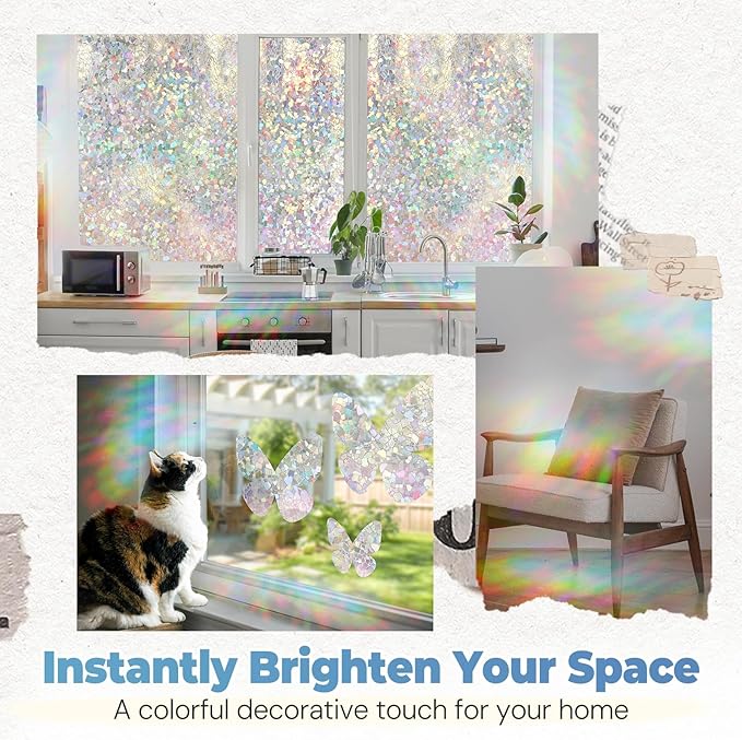 DOWELL Window Privacy Film Rainbow Film, Stained Glass Decorative Sticker, Static Cling Non-Adhesive Glass Clings, Sun Blocking Heat Control Window Coverings for Home Door, 35.4" x 118.1"