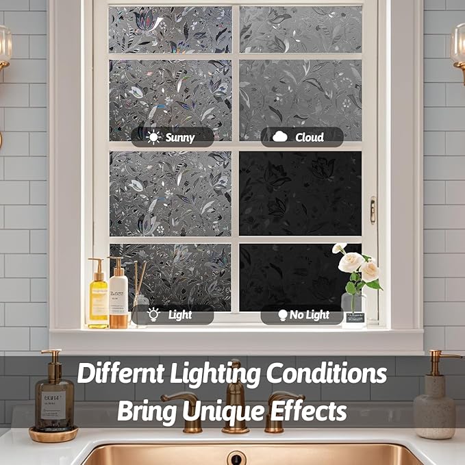 NINETREX Window Privacy Film,Decorative Window Film Frosted,Stained Glass Window Cling,Heat Blocker Non-Adhesive for Home,Grayish Black 35.4 x 78.7inch