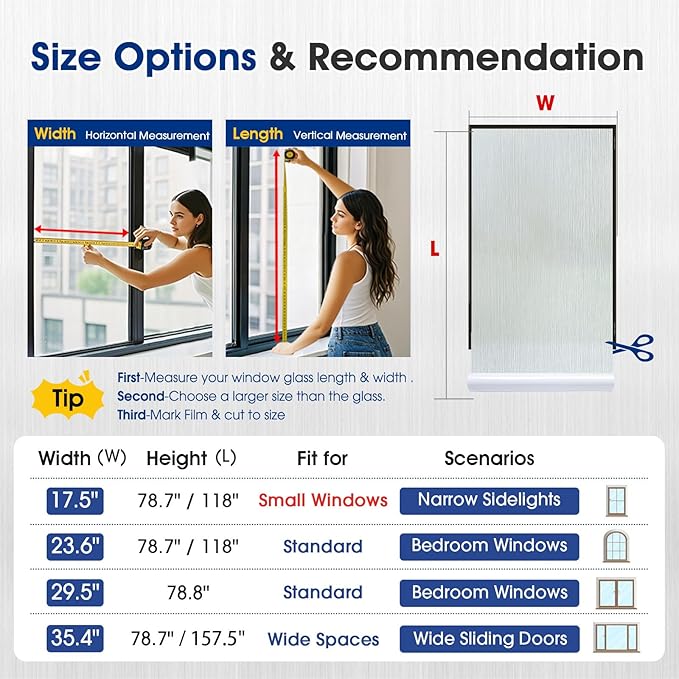 Borsky Frosted Glass Window Film - Static Cling, 96% UV Blocking Non-Adhesive Privacy Window Film, Removable Window Cling with Day & Night Privacy for Bathroom Home Office, 35.4 x 393.7 Inches, Pure