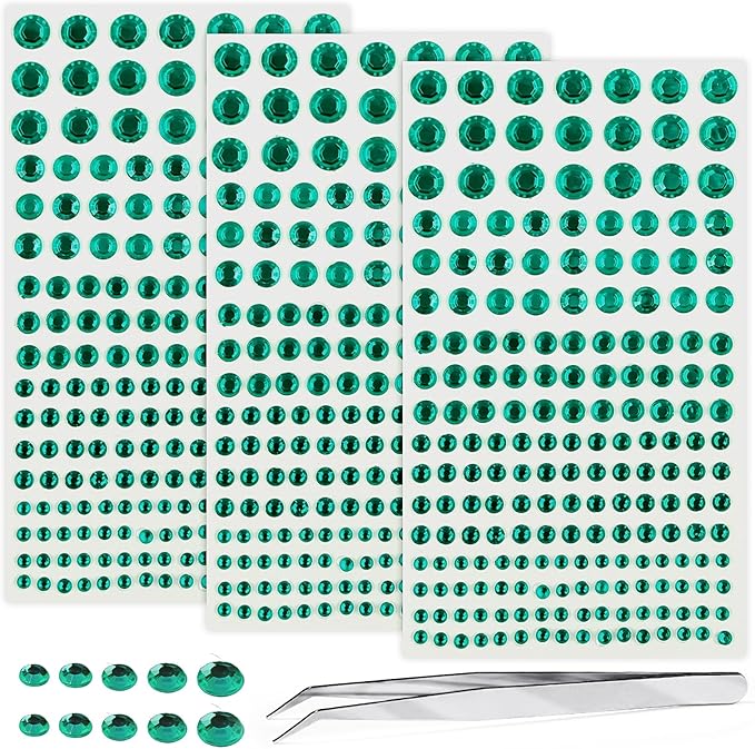 Self Adhesive Face Gems and Pearls for Makeup, Festival Jewels, Hair Gems Pearls, 3/4/5/6/8 mm Round Rhinestone Stickers for Face, Eye, Makeup, Body, Crafts 591Pcs (20_Dark Green)