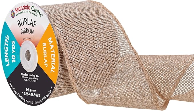 Mandala Crafts Natural Burlap Ribbon 3 Inches Wide Jute Ribbons for Crafts - 20 Yds Roll Rustic Burlap Wrap Trim Ribbons for Wreaths Bows Wedding Party Decoration