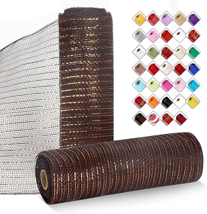 2 Rolls Mesh Ribbon for Wreaths 10 Inch x 30 Foot Wreath Mesh Rolls with Metallic Foil for Easter Christmas Party Wedding Home Decor DIY Craft Projects and Gift Wrapping (Brown)