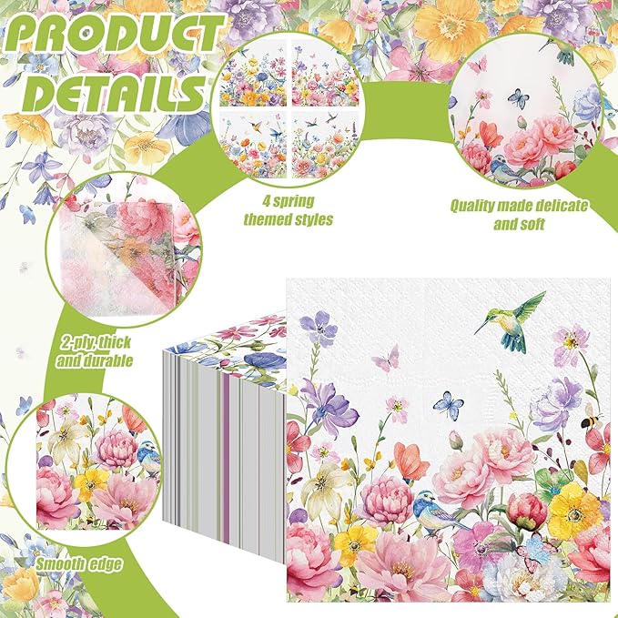 Janlaugh 200 Pcs Summer Floral Cocktail Napkins Disposable 2 Ply Flower Hummingbird Butterfly Dinner Paper Napkins Bulk for Summer Party Favor Supplies
