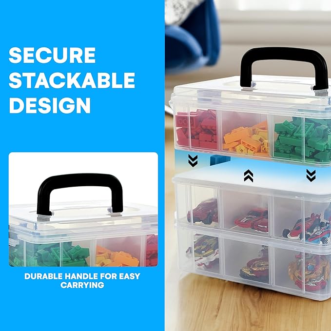 Bins & Things Clear 3-Tier Stackable Storage Containers with Lids - 18 Adjustable Compartments for Bead - Organizing Drawers for Jewelry, Kids Toys, Makeup