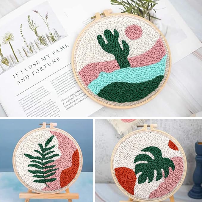 Anidaroel 3 Sets Punch Needle Kits - Beginner Adults Kit with Fabric, Hoops, Yarns and Sewing Needles