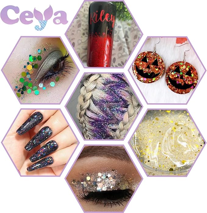 Ceya Holographic Chunky Glitter, 1 LB/ 16OZ Laser Black Bulk Craft Glitter Mixed Chunky Fine Glitter Bottled Metallic Flake Nail Sequins for Resin, Tumblers, Scrapbooking, Festival Decor, Art Project