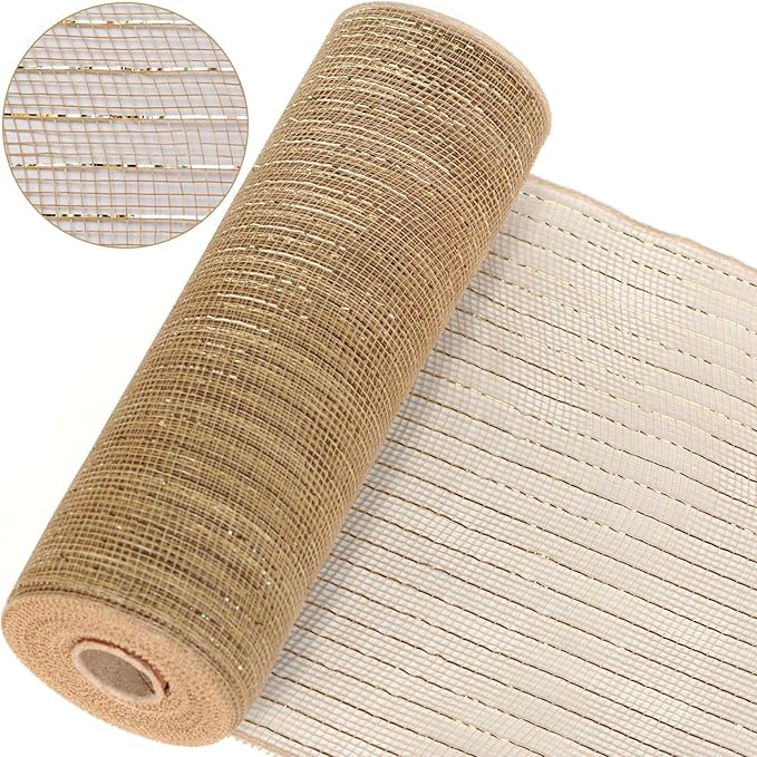 Koopi Deco Mesh 10 inch x 30 feet Each Roll, Set of 2 Tan Burlap with Champagne Metallic Foil Poly Mesh Ribbons for Wreaths, Swags, Craft, Party and Decorating Supplies- 2 Rolls