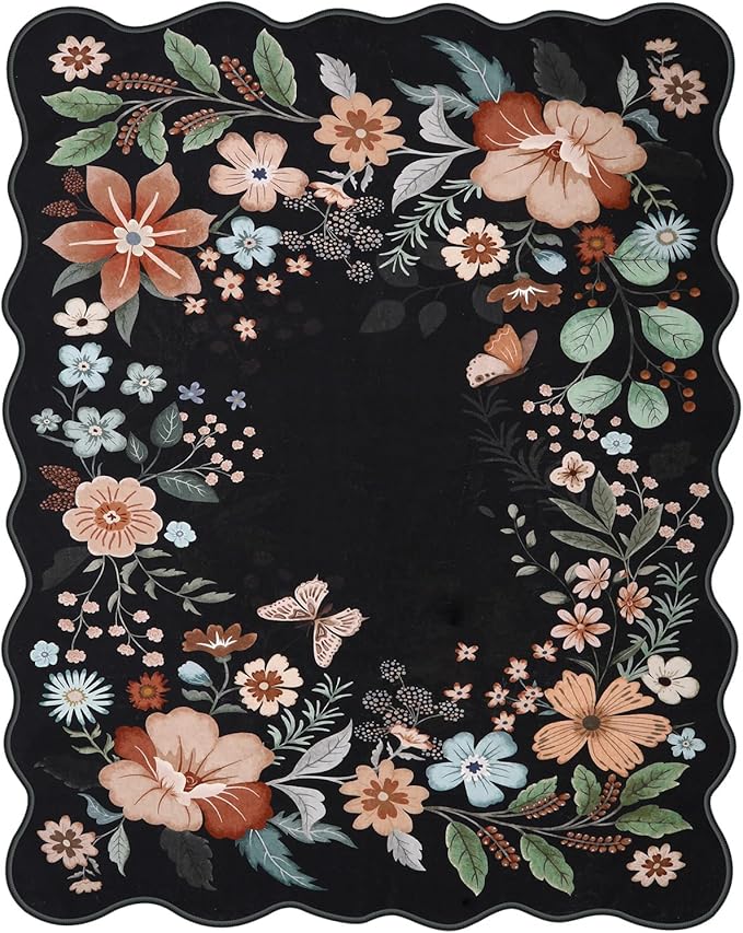 Beeiva Washable Rugs 8x10 for Living Room - Scalloped Floral Printed Soft Non Slip 8 x 10 Area Rug for Dining Room Boho Flower Ultra-Thin Aesthetic Carpet for Kids Room Dorm Office(Black,8x10ft)