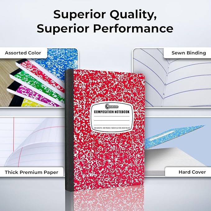 Rosmonde 5000 Pack (Pallet) Composition Notebooks Bulk, Wide Ruled, 200 Pages (100 Sheets), 9-3/4 x 7-1/2, Bulk Supplies for School Districts, Wholesale Orders, Educational Centre, 4-7 Days Transit