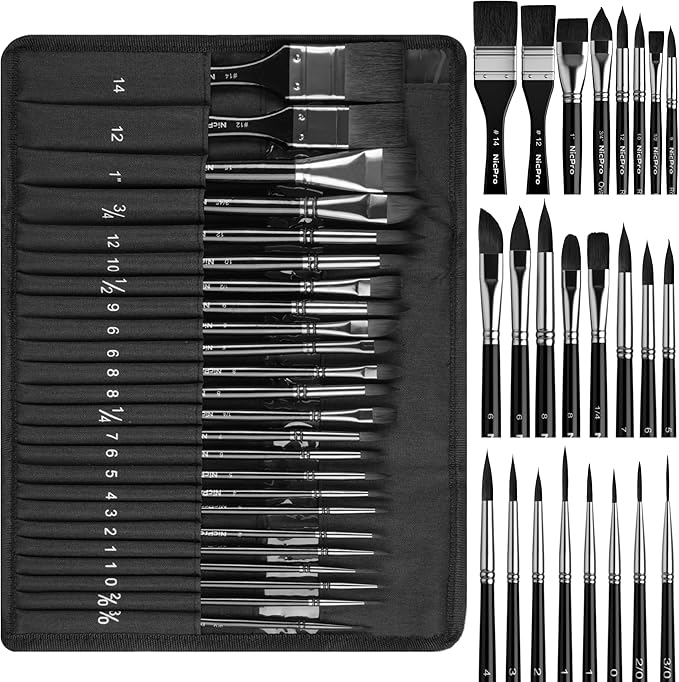 Nicpro 24pcs Watercolor Brushes Professional, Soft Synthetic Squirrel Hair Watercolor Brush Set with Cloth Roll, Round, Liner, Flat, Filbert, Dagger, Cat Tongue for Water Color Gouache Inks Painting