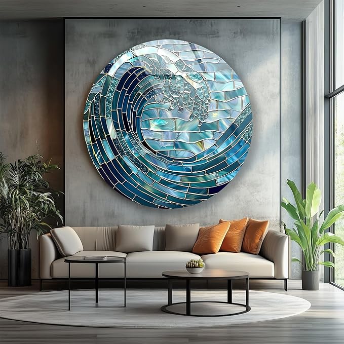 My Photostation.com 20''(50cm) Diameter Ocean Wave in Blue Mosaic Round Glass Wall Art Tempered Glass Printing Wall Decor Large Wall Art Wall Hangings