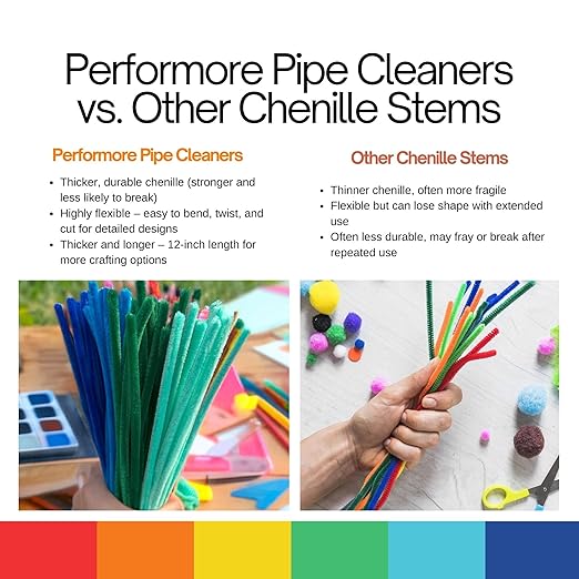 Performore Colorful Pipe Cleaners Craft Set 350-Pack Chenille Stem Wires in 35 Bright Colors 5mm Thick Reusable Twistable Fuzzy Sticks DIY Art Supplies for Kids & Classrooms