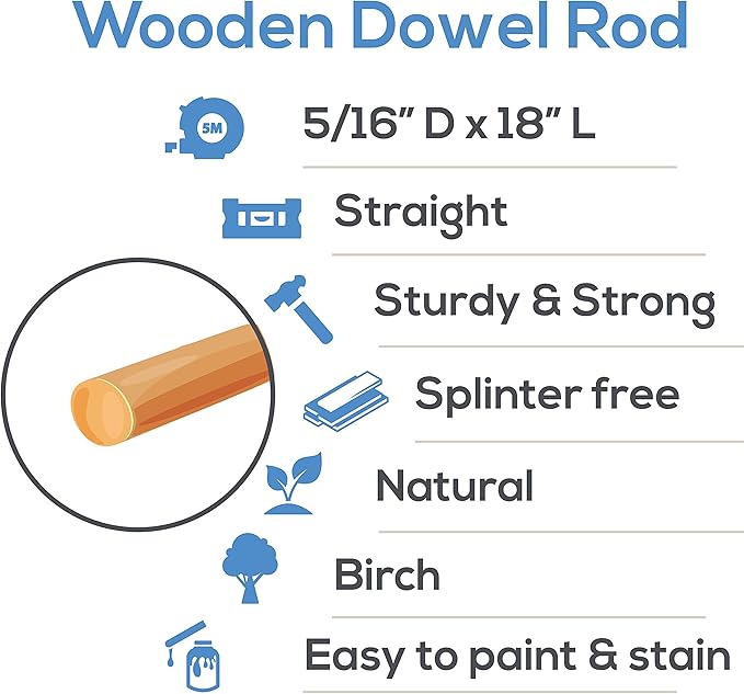 Dowel Rods Wood Sticks Wooden Dowel Rods - 5/16 x 18 Inch Unfinished Hardwood Sticks - for Crafts and DIYers - 25 Pieces by Woodpeckers