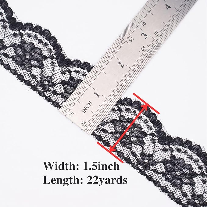 Black Lace Trim Sewing Lace Ribbon for Crafts Bridal Wedding Decoration, Bouquet and Gift Packaging (1.5Inch, 22Yards)