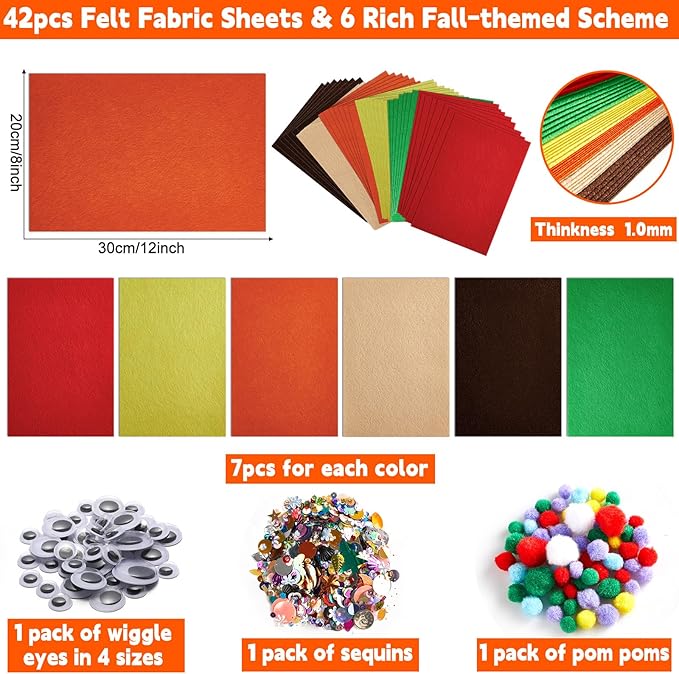 42Pcs Fall Felt Fabric Sheets 8 x 12 Inch Autumn Yellow Orange Assorted Soft Thick Felt Pack with Wiggle Google Eyes Pom Poms Glitter Patchwork for Thanksgiving DlY Sewing Creative Art Project Decor