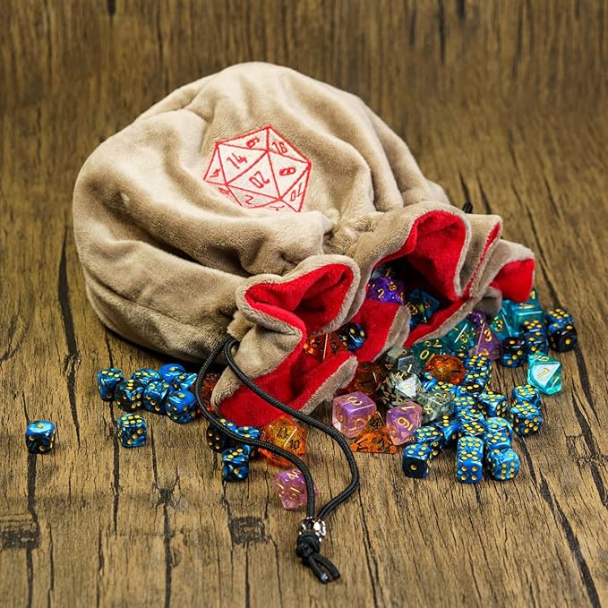 Large Dice Bags D&D with Pockets Khaki Storage Bag D20 Logo for DND RPG Game (with 1lb Random DND Dice)