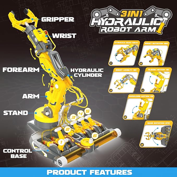SMIESSKIDDO 3 in 1 Hydraulic Robot Arm - 220 Pcs STEM Building Toys with 4-Jaw Grab, Suction & Tongs for Kids 8-12 | No Batteries Needed Engineering Gift for Boys & Girls Ages 9 10 11