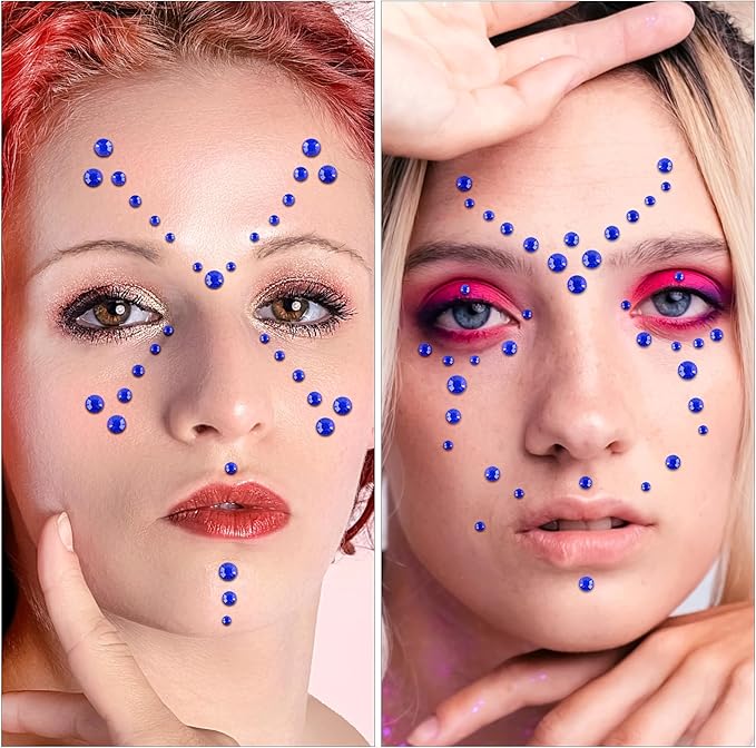 Self Adhesive Face Gems and Pearls for Makeup, Festival Jewels, Hair Gems Pearls, 3/4/5/6/8 mm Round Rhinestone Stickers for Face, Eye, Makeup, Body, Crafts 591Pcs (17_Dark Blue)