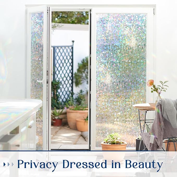 Haton Window Privacy Film, Rainbow Stained Glass Window Clings, 3D Decorative UV Sun Blocking Sticker, Removable Static Cling Heat Control Tint for Home Door, 17.5" x 78.7" Non-Adhesive