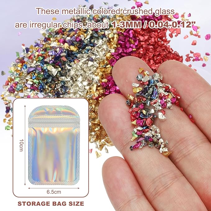 uxcell 6 Colors Crushed Glass Chips, 1-3mm Irregular Glitter Metallic Glass Broken Glasses Pieces with Laser Bag for Craft DIY Vase Epoxy Halloween Decoration 31.5g, Multicolored