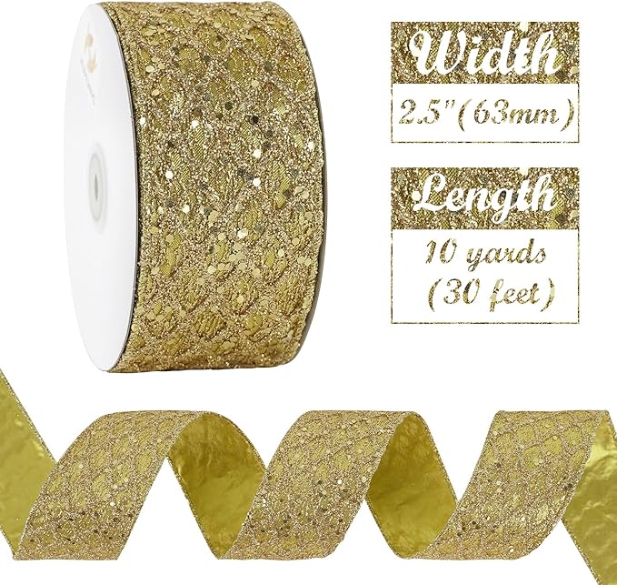 HUIHUANG Gold Glitter Wired Ribbon for Christmas Tree 2.5 inch Gold Diamond Mesh Ribbon for Tree Decoration, Wreaths, Garland, Gift Wrapping, Large Bows Making, Home Decor -10 Yards