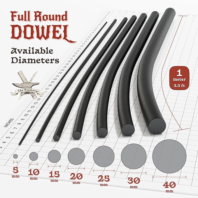 The Foamory's No Waste Full Round EVA Foam Dowels. 3 Pack 5-40mm x 1M High-Density Black Craft Foam Sticks. Pre-Cut, Paint-Ready Cosplay Trim. Time Saving, Bevel Enhances Armor, Weapons and Costumes