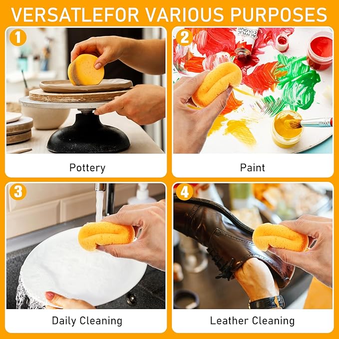 12 PCS Pottery Sponges Elasticity Clay Sponges Round Cleaning Sponge Water Absorption Soap Sponges Soft Yellow Artists Sponge for Kitchen Shoes Leather Care Painting
