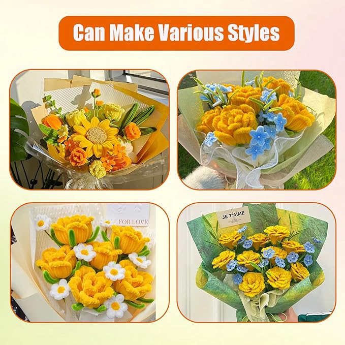 400 Pcs Pipe Cleaners Craft Set, 5 Assorted Pipe Cleaners Bulk, Chenille Stems for DIY Flower Making Kit with Floral Stems, Gardening Tape, Stamen, Ribbon for DIY Bouquet Gift (Sunflower)