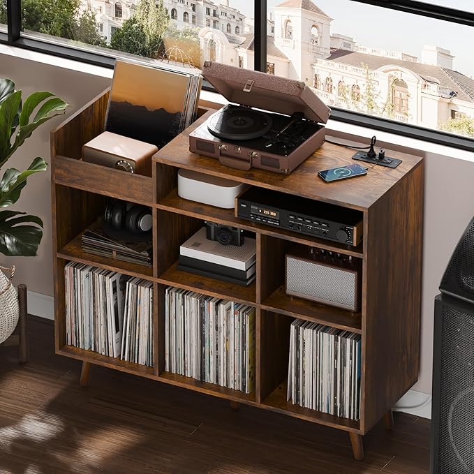 Cozy Castle Large Record Player Stand, Vinyl Storage Cabinet Mid Century Modern Turntable Stand Media Console Table Open Shelf Cube CD Album Holder Organizer for Living Room, Office, Rustic Brown