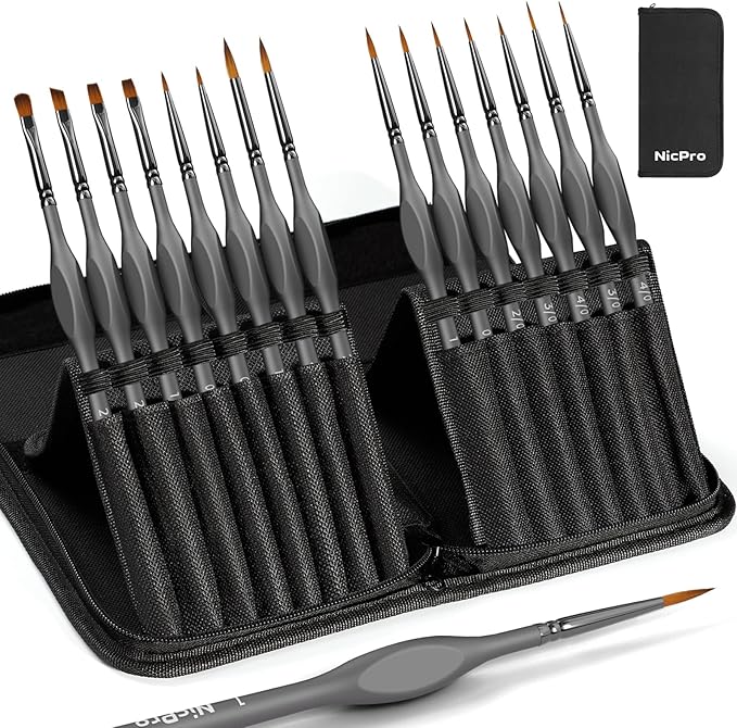 Nicpro 15 Pack Miniature Painting Set, Fine Detail Paint Brushes for Models, Acrylic Watercolor Oil, Ceramic, Shoe, Art Figure Paint by Number - Thin Artist Kit Nylon Holder