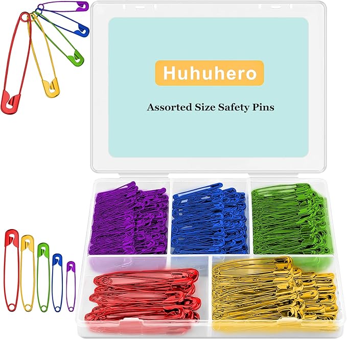 Safety Pins Assorted, 340 Pack 5 Different Sizes Small and Large Safety Pin for Clothes Costume Sewing, Nickel Plated Steel, Arts and Crafts Supplies, 5 Colors