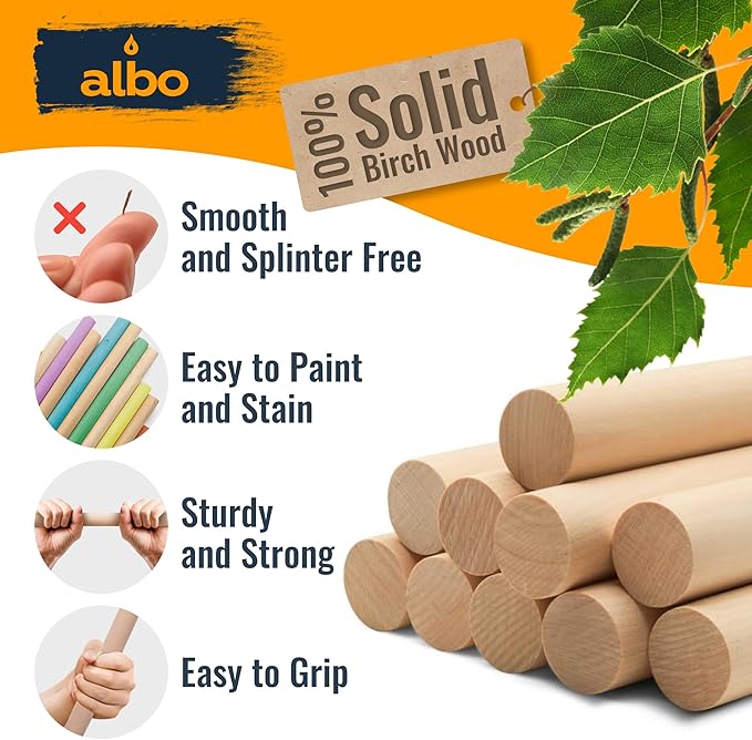 ALBO 1" x 12" Wooden Dowel Rods Set - 25 Pack Birch Natural Furniture Craft Sticks Shelf Supports Woodworking Pegs Hardwood Sanded Smooth Perfect Crafts DIY Projects Bulk Professional Pack
