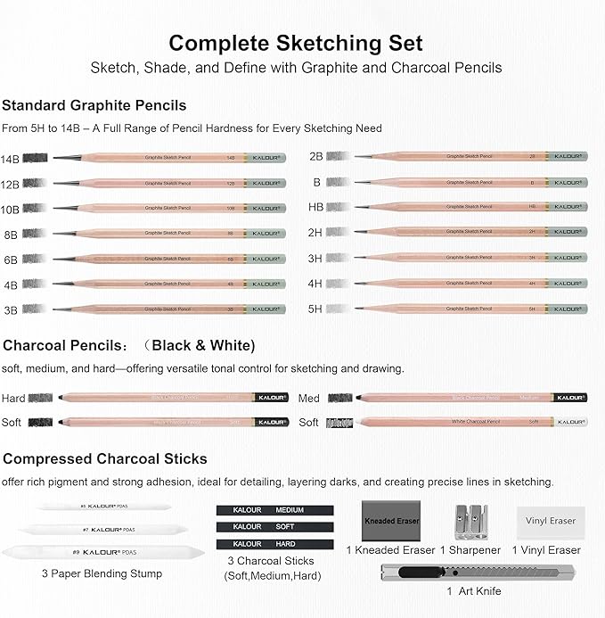 KALOUR 28 Pro Sketching Drawing Pencils Set – 14 Graphite Pencils (14B–5H), Charcoal Pencils, Erasers, Sharpener & Stumps – Complete Art Kit for Artists & Beginner