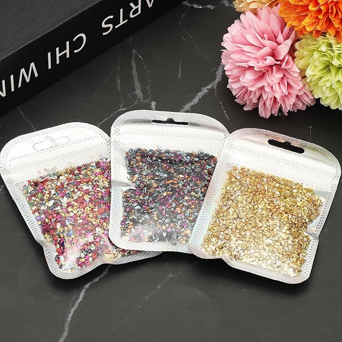 uxcell 6 Colors Crushed Glass Chips, 1-3mm Irregular Glitter Metallic Glass Broken Glasses Pieces with Laser Bag for Craft DIY Vase Epoxy Halloween Decoration 33g, Pink Color Series
