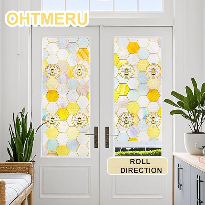 3D Stained Glass Window Privacy Film, Heat Control UV Blocking Static Cling Decorative Window Film for Bathroom,Front Door,Home Non Adhesive, Honey 16.9 x 39.3 inches