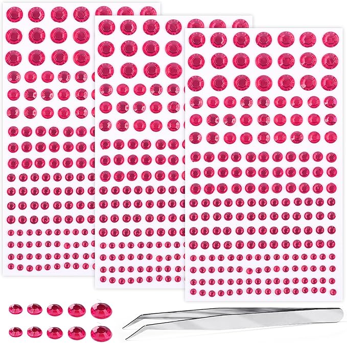 Self Adhesive Face Gems and Pearls for Makeup, Festival Jewels, Hair Gems Pearls, 3/4/5/6/8 mm Round Rhinestone Stickers for Face, Eye, Makeup, Body, Crafts 591Pcs (01_Rose red)