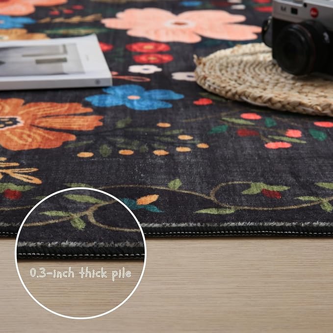 Rugcomf Bedroom Rug 3x5 Rug Washable Area Rug Non Slip Low Pile Boho Floral Small Carpet for Bedroom, Bedside, Kitchen, Entryway, Kids Room, Office, College Dorm Essentials for Girls(Black)