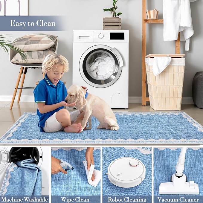 Scalloped Rug 4x6 Rugs for Entryway, Small Area Rugs Solid Blue Rug for Bedroom Girls, 4x6 Washable Rugs for Living Room, Non Slip Scalloped Bath Mat, Soft Dorm Nursery Carpet for Bedside